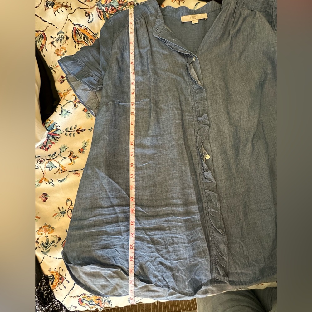 LOFT Denim Blue Ruffle Button Blouse - Picture 8 of 8